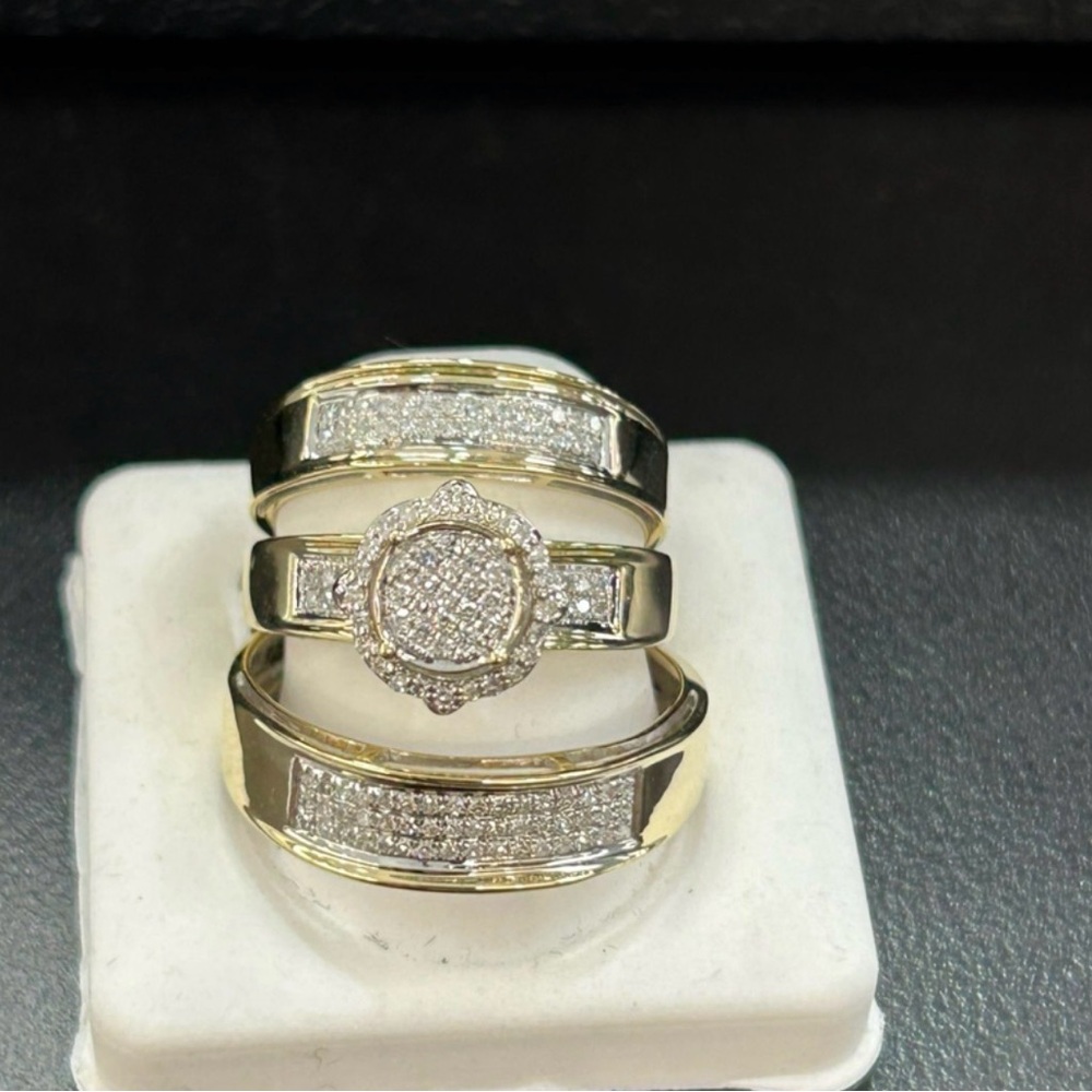 10k Solid gold REAL Diamond trio wedding ring and band set for bridal wedding
